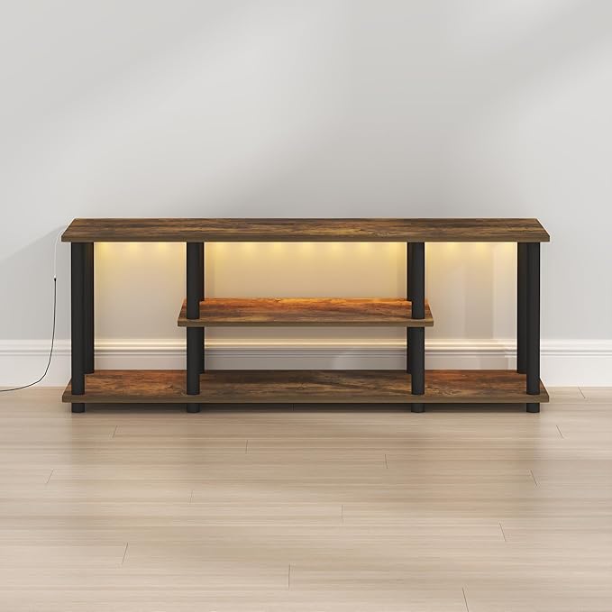Furinno Turn-N-Tube TV Stand with LED Lights, 3-Tier No Tools 3D Entertainment Center, TV Console for TV up to 50 Inch, for Living Room, Bedroom, Amber Pine