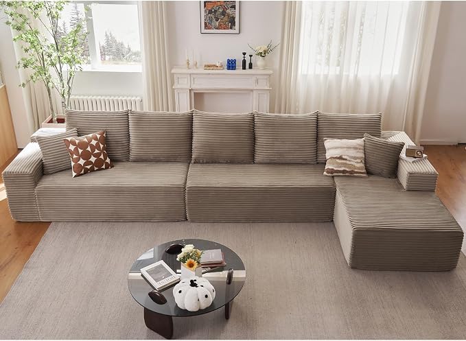 166.9" Cloud Sectional Couch with L-Shape Chaise, Upholstered Corduroy Couches Sleeper with Deep Seat, Modern Modular Comfy Sofa Chaise Longue for Living Room Bedroom, No Assembly Required, Camel