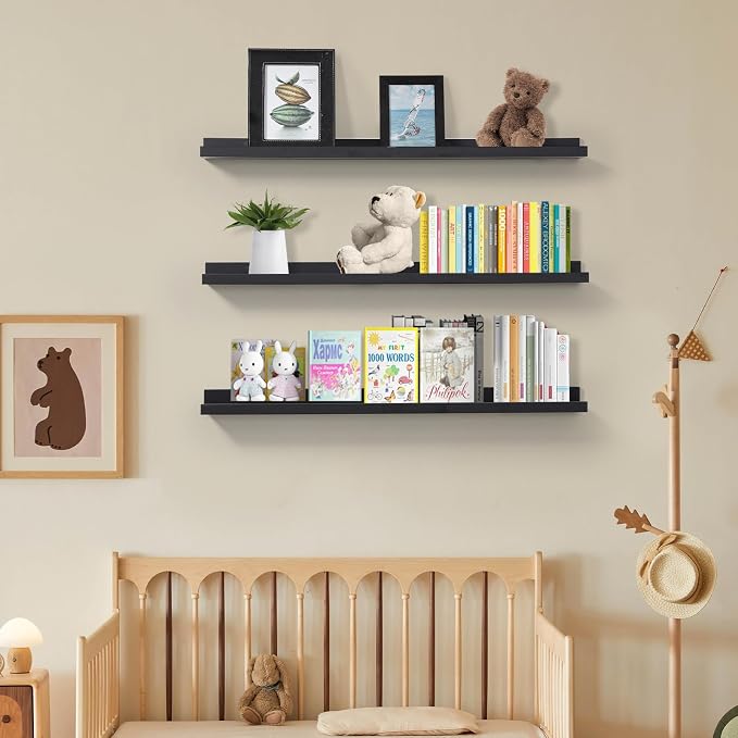 MBYD Dark Black Solid Wood Floating Shelves for Wall, 24 Inch Modern Photo Shelf Wall Mount, Picture Ledge with Lip Set of 3, Book Shelves for Bathroom Bedroom Kitchen Living Room Nursery