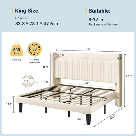 Allewie King Size Platform Bed Frame with USB Charging Station and Storage Shelf/Upholstered Velvet Wingback Headboard/Wooden Slats Support/No Box Spring Needed/Easy Assembly, Cream