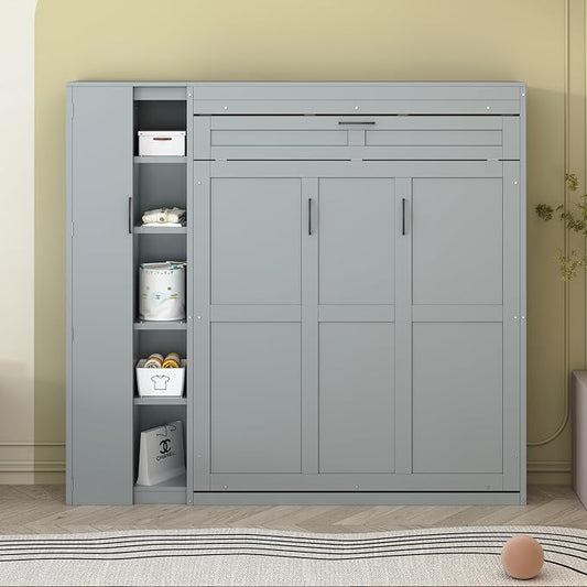 Merax Full Size Murphy Bed Wall Bed with Shelves, Drawers and LED Lights,Gray