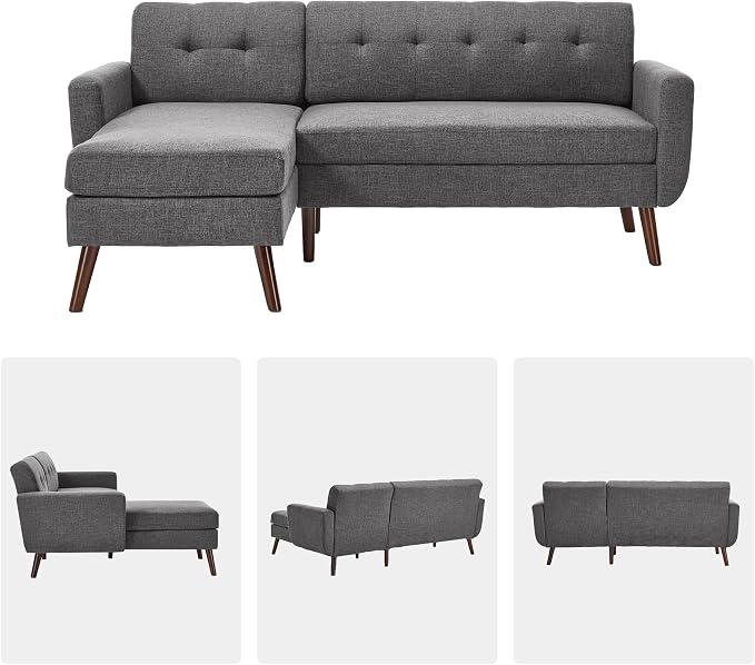Kingfun L Shaped Couch, 80" W Mid-Century Modern Sofa, Sectional Couches, 3 Seater Sofas with Wide Chaise Lounge, Button Tufted Upholstered Sectional Sofa for Living Room, Bedroom, Gray