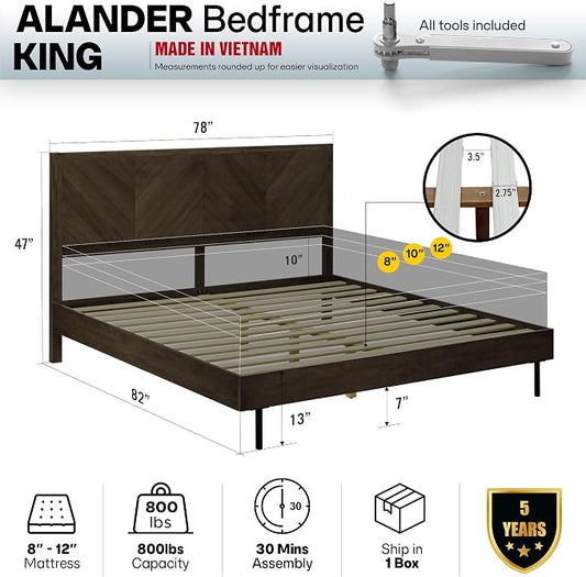 Acacia Alander King Bed Frame and Headboard Solid Wood Platform Bed, Scandinavian Signature Wood Bed Compatible with All Mattress Types, Non-Slip and Noise-Free Bed Frame King, Mocha