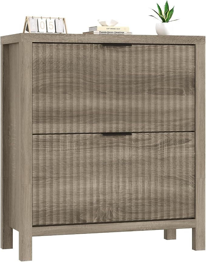 YOMILUVE Shoe Cabinet Storage for Entryway, Fluted Shoe Cabinet with 2 Flip Drawers, Hidden Shoe Rack Tall Freestanding Shoe Organizer with Legs for Hallway, Gray