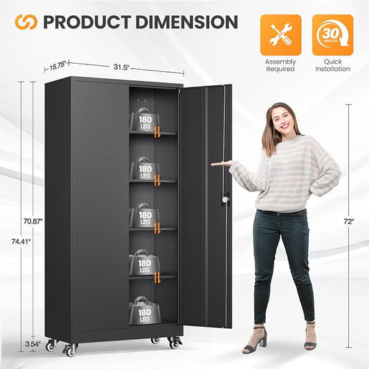 Metal Garage Storage Cabinets with Wheels, Rolling Tool Cabinet with Lock, Locking Garage Caninet on Wheels with Shelves, Steel 2 Door Tall Tool Cabnets for Workshop/Home/Office - (Black 75”H)