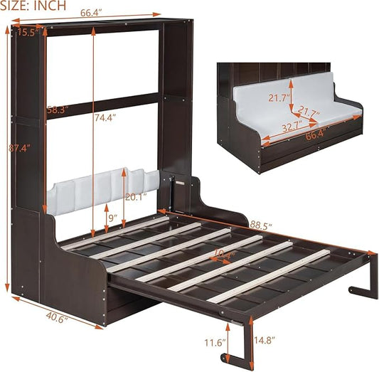 MERITLINE Queen Murphy Bed with Sofa,Wood Folding Murphy Wall Bed Cabinet with Couch (Espresso)