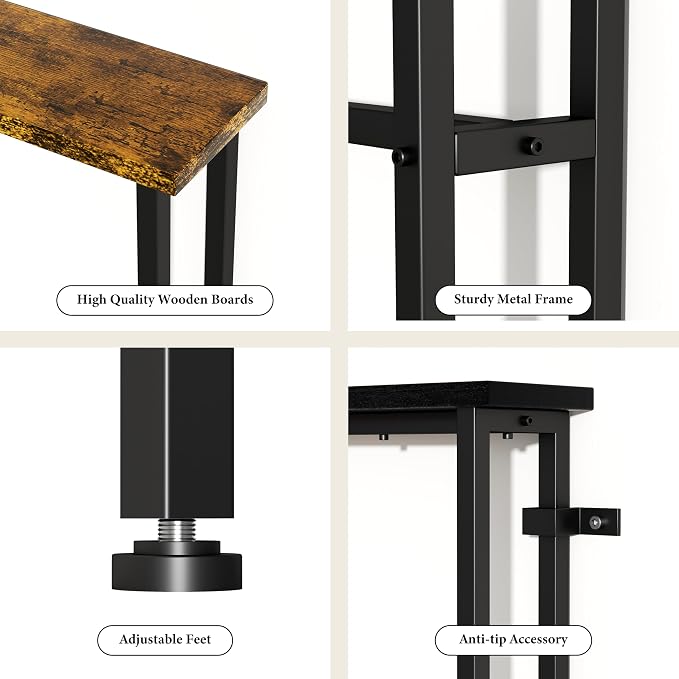GRLEAF 39" Narrow Console Sofa Table with Built-in Power Strip (2 AC Outlets & 2 USB Ports) – 4.9ft Power Cord, Metal Frame, Easy Assembly, Ideal for Behind Couch, Hallway, and Office | Rustic Brown