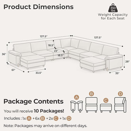 SITJOY Large Cloud Couch, 138" Wide 7 Seater V Shape, Faux Leather in White | Pet-Friendly Scratch-Resistant Leather Sectional Sofas for Living Room, Deep Seat Wide Couch with Chaise, Storage Ottoman