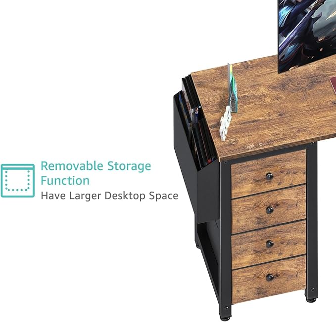 Lufeiya L Shaped Computer Desk with Drawers & Storage Shelves, 55 Inch Corner Desk with Power Outlet for Home Office Bedroom, L-Shaped Teen PC Gaming Desks with Fabric Drawer, Rustic Brown