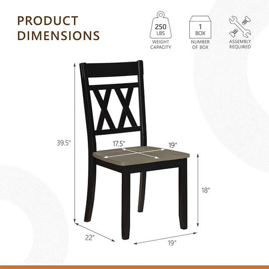 Lexicon Farmhouse Wood Dining Chair, Set of 2, Double Cross Back, Rustic Armless Chairs, Kitchen and Dining Room Furniture, Two-Tone Finish (Greywash and Antique Black)