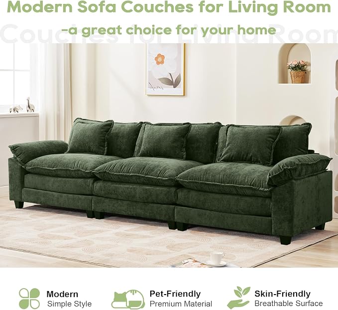 Oprisen 120" Modular Sectional Sofa, Comfy Cloud Couch Sectional, Chenille Sofa Sleeper Deep Seat Sofa with Throw Pillows for Living Room (Green, 120"- 3 Seater)