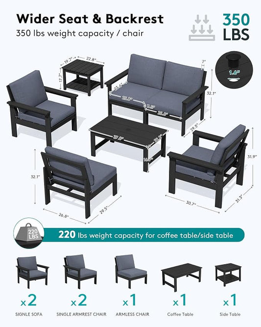 SERWALL HDPE Patio Furniture Set, 7-piece Outdoor Sectional Sofa Set, All Weather Outdoor Couch Set for Deck, Lawn, Black Frame with Grey Cushion