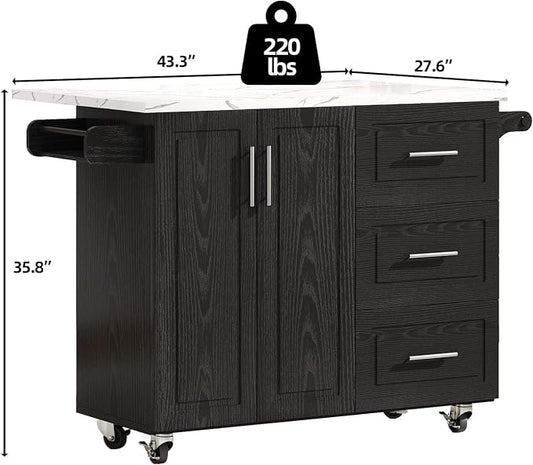 4 EVER WINNER 43" Modern Kitchen Island on Wheels with Drop Leaf & Storage, Faux Marble Tabletop, 3 Drawers with Spice Rack & Towel Rack, Rolling Kitchen Cart for Small Space, Black