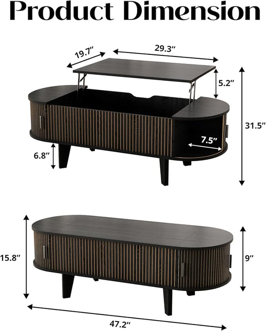 Oval Coffee Table with Storage, 47.2" Fluted Lift Top Coffee Table with 180° Sliding Tambour Door, Mid Century Modern Center Table for Living Room, Office, Cafe, Black