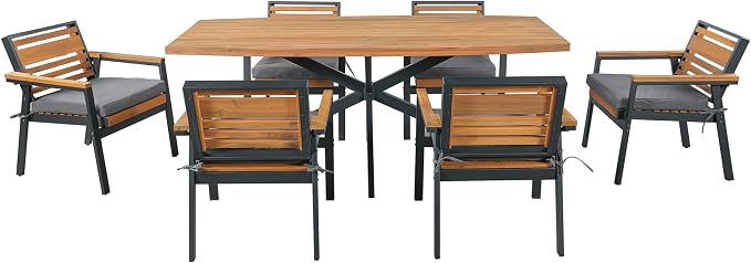 Quarte Stylish 7-Piece Acacia Wood and Iron Dining Set with Removable Cushions – Perfect for Indoor and Outdoor Family Gatherings (Gray/m+w)