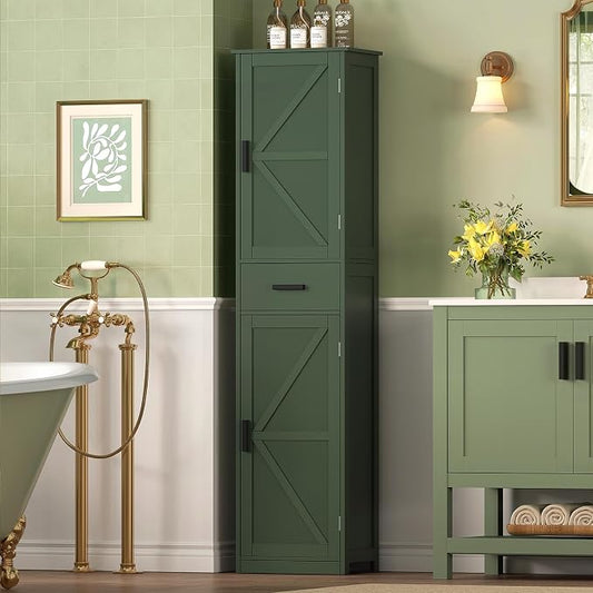 TEENFON Tall Bathroom Cabinet, Storage Cabinet with 6 Shelves & Drawer, Bathroom Storage Cabinet with Adjustable Shelves, Tall Cabinet for Living Room, Home Office, Green