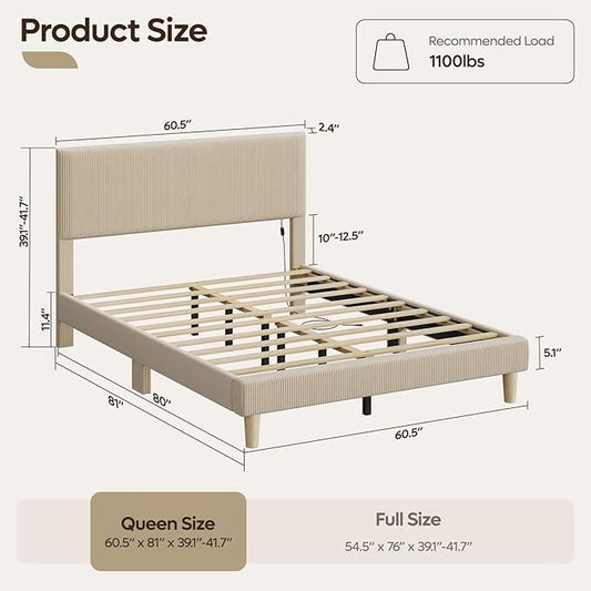 Bestier Queen Size Bed Frame with Headboard LED Lighting,Upholstered,Taupe | Easy Assembly,LED Light Headboard,No Squeaks,Vertical Channel Corduroy Upholstered,Wood Slats Support,No Box Spring Needed