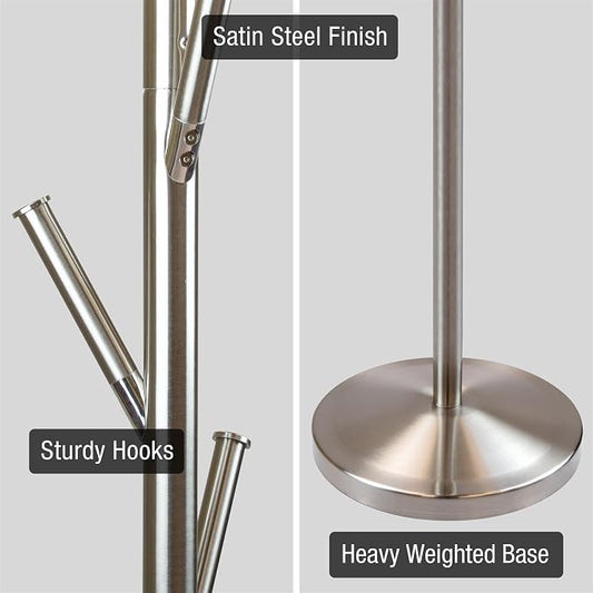 Kira Home Addison 68" Modern Standing Coat Rack with 6 Hanging Hooks, Sleek Metal Silver Coat Stand with Weighted Base, Satin Steel Finish