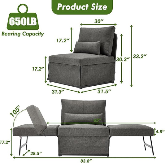 ZZW Sleeper Chair Bed Upgrade 4-in-1 to 5-in-1 Convertible Multi-fuction Sofa Chair w/Adjustable Backrest Assembly-Free Linen Folding Sofa Ottoman Bed for Living Room Apartment (Dark Grey)