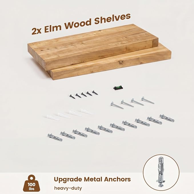 Venusmiles Elm Floating Shelves for Wall Decor, Rustic Solid Wood Shevles Wall Mounted with Invisible Bracket for Living Room Bathroom Bedroom Kitchen, 20 Inch Set of 2, Natural