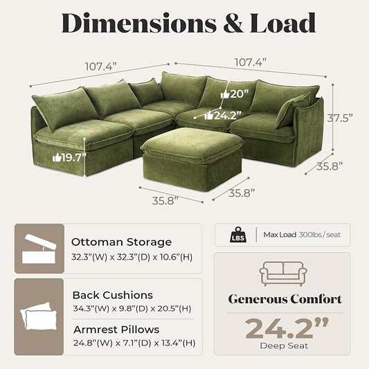 Cloud Modular Corner Sectional, Oversized Deep Seat Comfort, Luxe Chenille | Fully Removable Washable Covers, Memory Foam Seat Cushions, Storage Ottoman, Premium Fabric