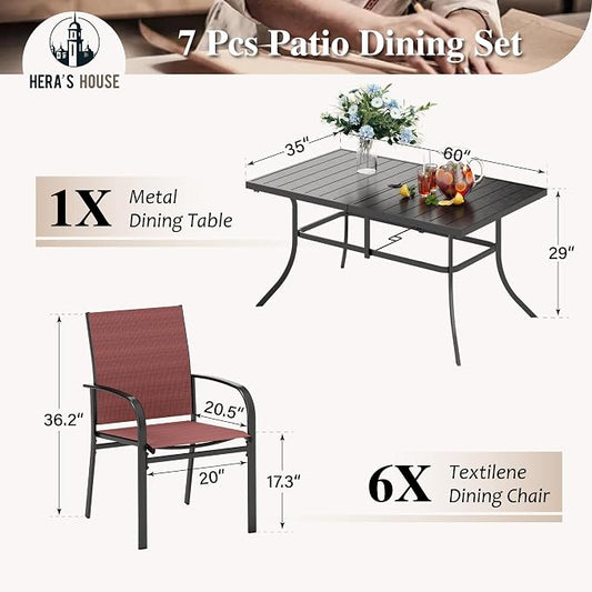 HERA'S HOUSE 7 PCS Patio Dining Set All-Weather Outdoor Furniture, 6 Dining Chairs and Large Metal Table with Double Umbrella Hole for Yard, Garden, Porch, Deck (Red)