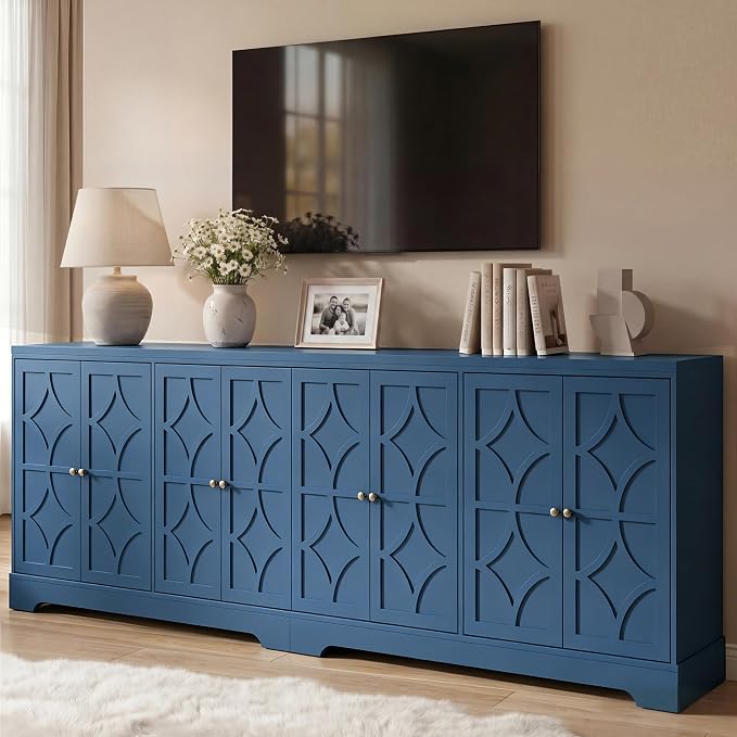 RoyalCraft Sideboard Buffet Cabinet with Storage, 56" Modern Sideboard with 4 Carved Doors, Large Wood Coffee Bar Console Table for Kitchen, Dining Room, Entryway, Living Room, Blue