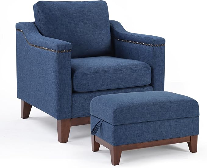 HAOMARKETS 2 Piece Fabric Sofa Set with Nailhead Trim, Included Comfy Accent Chair with Thicked Cushion and Upholstered Storage Ottoman with Flip-Top Table, Living Room Furniture Set,Blue