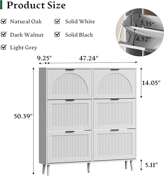 Xixini Shoe Storage Cabinet with 6 Flip Drawers, 50" Tall Narrow Wood Fluted Shoe Organizer for Entryway, Freestanding Wooden Hidden Slim Shoe Rack for Front Door Entrance, Hallway, Foyer, Solid White