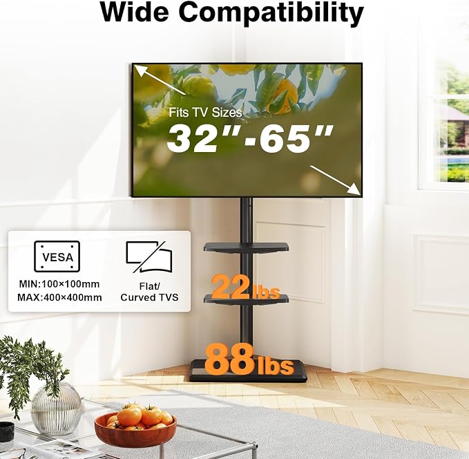 TVON Floor TV Stand with Mount for Most 32-65 Inch Flat/Curved TVs up to 88 lbs, Height Adjustable TV Mount Stand with Wood Base, Swivel TV Stand for Bedroom, Corner & Living Room, Max VESA 400x400mm