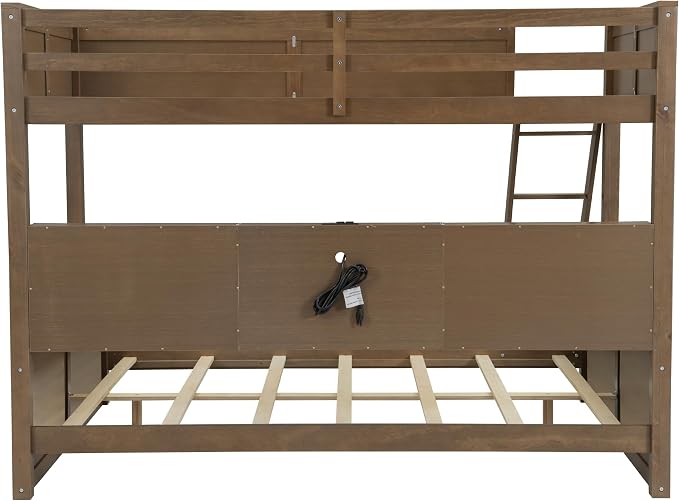 Wood Bunk Bed Twin XL Over Queen Size with Built-in Storage Cabinets and USB Ports, Versatile Bunk Bed Frame with Ladder and Guardrail for Kids Teens Adult, Maximize Space (Wood-T-Q)