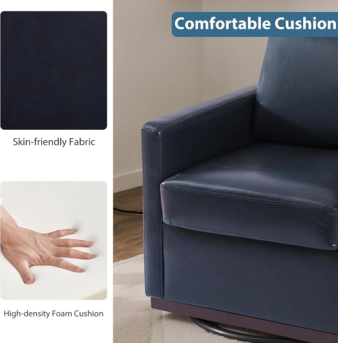 360° Swivel Accent Chair, 31" Wide Faux Leather Upholstered Club Armchairs for Living Room, Comfy Square Swivel Barrel Chair with Metal Base, Navy