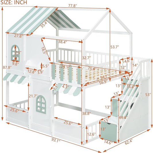 Merax Full Over Full Wood House Bunk Bed Frame with Storage Staircase & Shelves, Modern Low Bunk Bed with Solid Slats, Guardrail, No Box Spring Required, Easy Assembly,Playhouse Design,White+Green