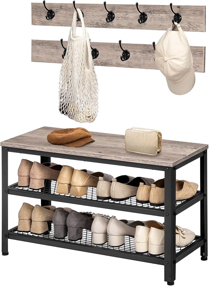 HOOBRO Hall Tree Entryway Storage Bench, Coat Rack Shoe Bench, Shoe Rack Organizer with Coat Hooks, 3-in-1 Design, Wooden Furniture with Metal Frame, Greige and Black BG17MT01
