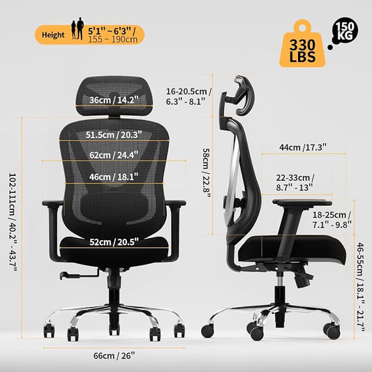 HOLLUDLE Ergonomic Mesh Office Chair - 3D Adjustable Lumbar Support & 3D Armrests, V-Shaped Back, Adjustable Desk Chair for Office & Home, Black