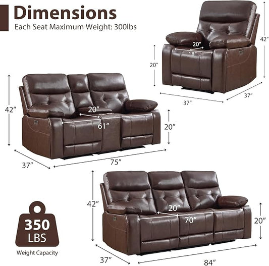 CANMOV Genuine Leather Power Reclining Sofa Set,Living Room Furniture Sofa Set,Power Recliner Chair,Loveseat and Sofa with Storage Console, USB Ports, Cup Holders for Living Room,Dark Brown