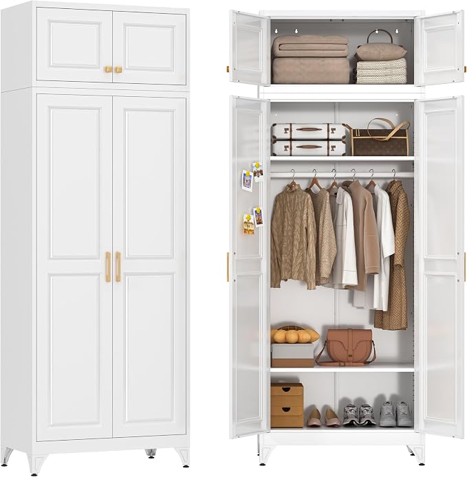 86" Metal Wardrobe Cabinets,Armoire Wardrobe Closet with Hanging Rod,Clothes Storage Cabinet with Adjustable Shelves and Doors,Clothing Cabinet for Bedroom, Laundry Room,Office