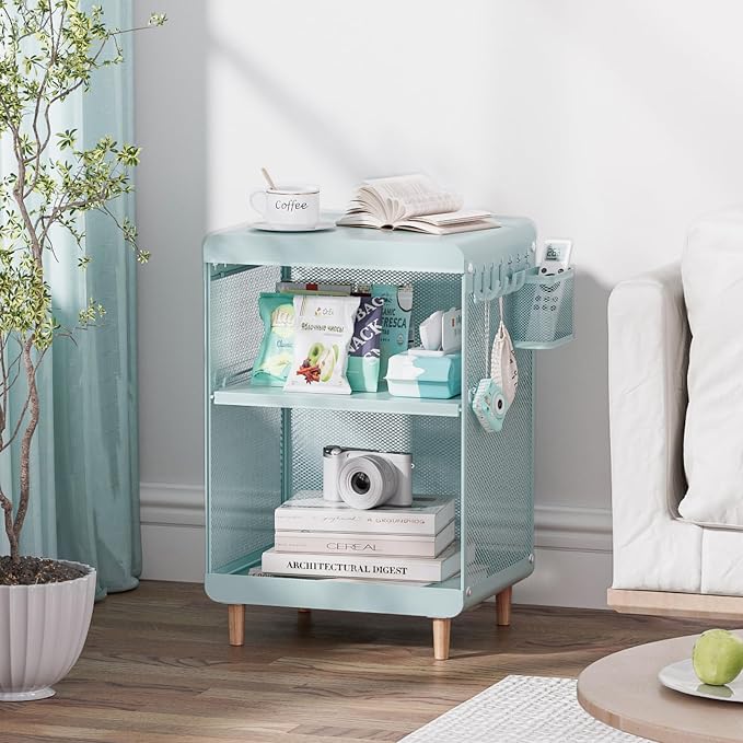 SYKIARIOL Kids Nightstand for Girls, Metal Bedside Table with 4 Hooks & Hanging Basket, 3-Tier Storage Shelf, Toddler Night Stand for Bedroom, Mint Green