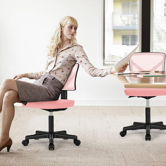 Sweetcrispy Small Desk Chair, Ergonomic Low-Back Mesh Rolling Work Swivel Chairs with Wheels, Armless Comfortable Seat Lumbar Support for Home, Bedroom, Study, Student, Adults,Classic Pink