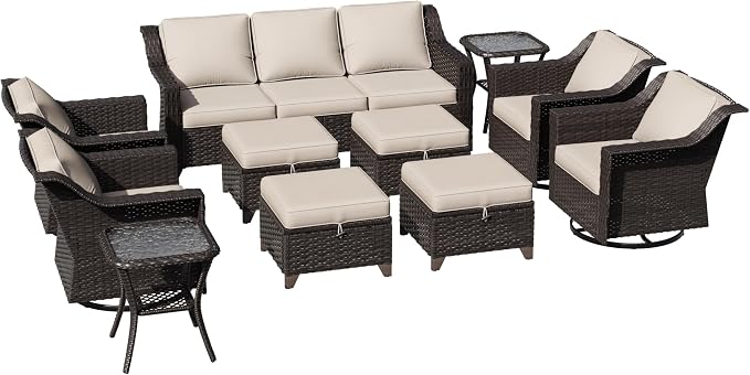 11 Pieces Patio Conversation Furniture Set - 1 Sofa, 4 Ottomans, 4 Swivel Chairs, 2 Side Tables, Outdoor Wicker Furniture with Removable Cushions for Porch, Balcony, Sunroom (Beige)