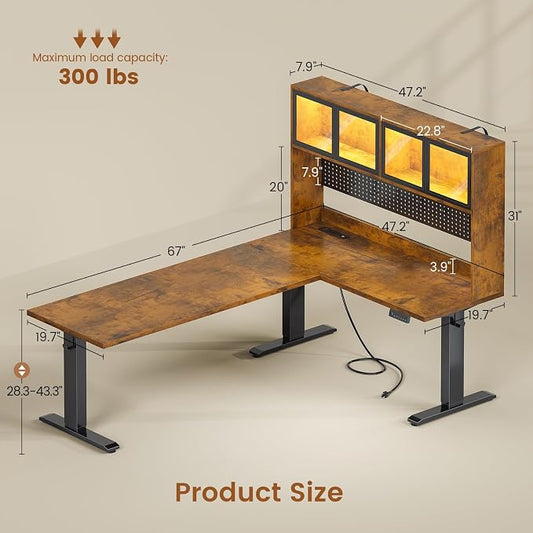 SEDETA 67" Standing L Shaped Gaming Desk, Office Computer Desk with Storage Hutch, Stand Up Corner Desk with Pegboard & Led Lights for Home Office, Rustic Brown