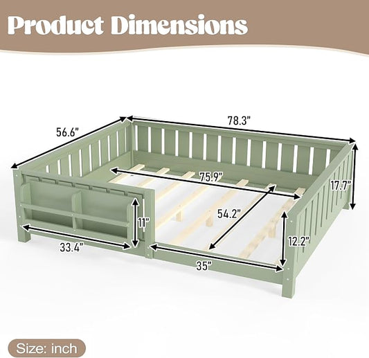 Bellemave Full Floor Bed with Slats and Rails, Full Size Montessori Floor Bed with Bookcase and Fence, Easy Assemble Montessori Beds for Girls, Boys, Avocado Green