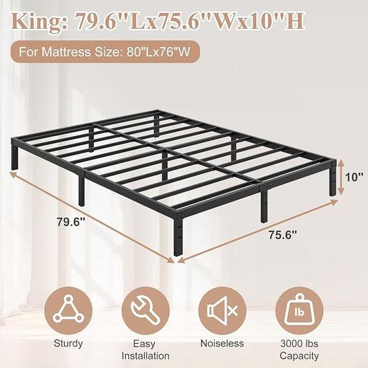 HOBINCHE 10 Inch King Bed Frame,King Size Bed Frame No Box Spring Needed | Heavy Duty Metal Platform Mattress Foundation with Steel Slats, Non-slip Noise Free Easy Assembly Black