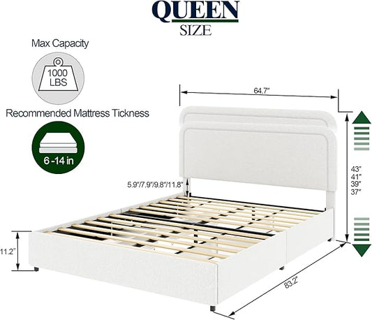 Ball & Cast Queen Size Bed Frame,Boucle Upholstered Platform Bed with Patented 4 Drawers Storage & Curved Stitched Headboard,Wooden Slats Support,No Box Spring Needed,Easy Assembly,Ivory