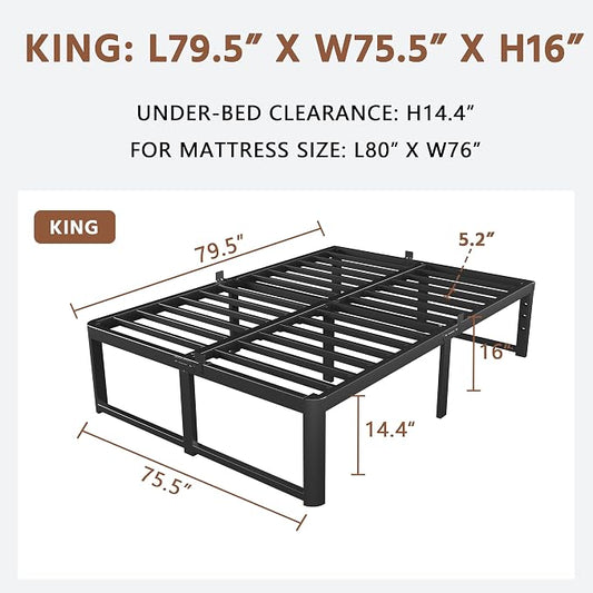 ZTH King Size Metal Platform Bed Frame 16 in, No Box Spring Needed, Black | Heavy duty support, Underbed storage, Noise-free design, Anti-slip clips, Rounded legs, Easy assembly, Headboard compatible