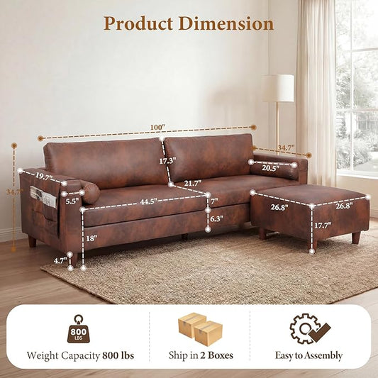 Vesgantti 100" PU Faux Leather Couch with Movable Ottoman, Large 3 Seater L Shaped Leather Sectional Sofa with Side Pocket, Comfy Mid Century Modern Modular Sofa for Living Room, Apartment, Cocoa