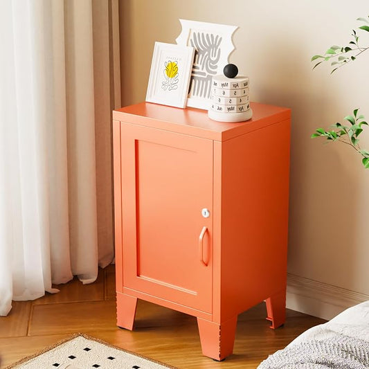 ALBAD Metal Nightstand with Lockable Cabinet, Compact Mini Locker Bedside Table for Kids & Adults, Modern Steel Side Table for Bedroom, Dorm, or Living Room (Orange)