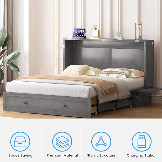 PUREMIND Queen Murphy Bed with Mattress Included, Murphy Cabinet Bed with Storage Drawer, Built-in Charging Station, Solid Wood Frame, Space-Saving Cabinet Beds for Small Spaces/Guest Room (Gray)