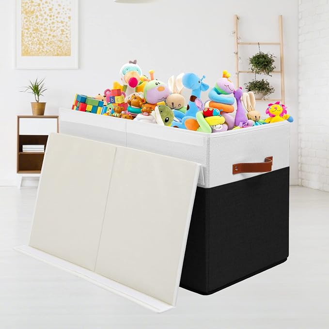 Gowee Large Toy Storage Box with Lid, Sturdy Toys Storage Chest Bin Organizer Basket with Dividers for Kids, Boys, Girls, Nursery, Closet, Bedroom, Playroom 25"x13" x16" (Black and White)
