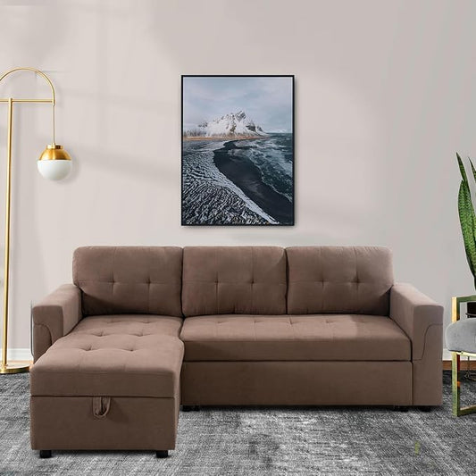 Naomi Home 84" L-Shaped Sectional Sleeper Sofa with Pull Out Bed | Sleeps Guests Comfortably, Stores Essentials in Chaise & Saves Space, Velvet, Mocha Convertible Sofa Bed